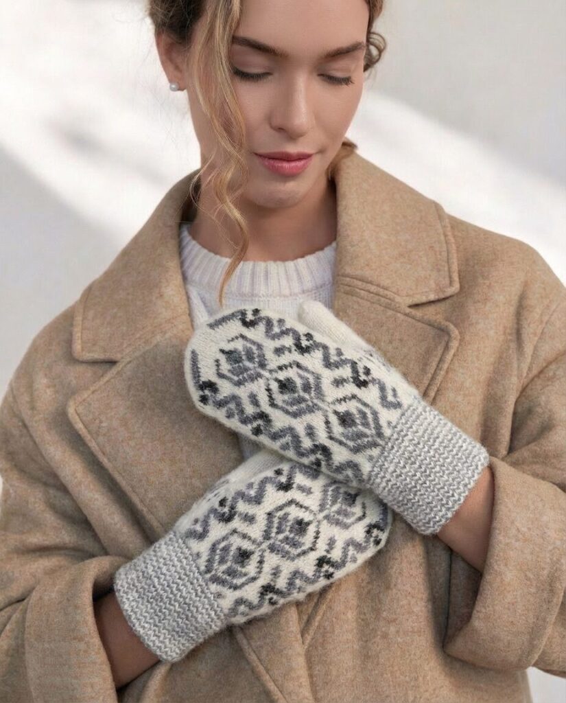 Naisten valkoiset merinovillalappaset SNOWFLAKE, WoolLando