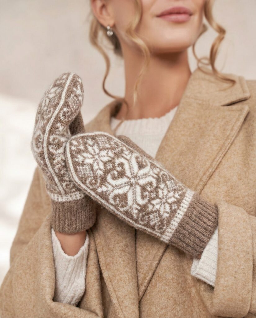 Naisten ruskeat merinovillalappaset SNOWFLAKES, WoolLando